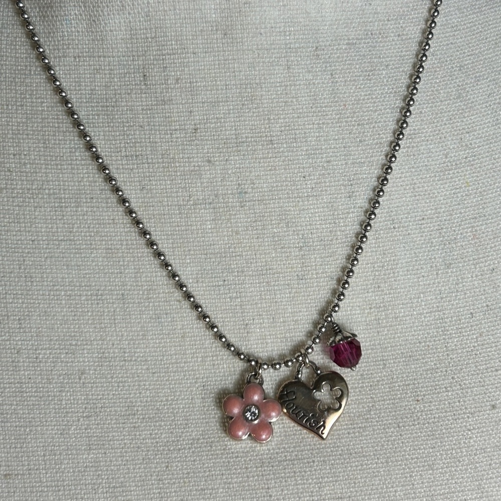 Brighton Flourish Heart Necklace Triple Charm Silver Plated Chrystal 20"